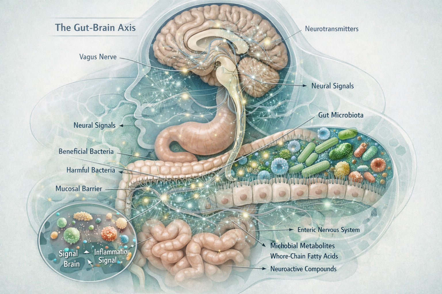 What the Gut-Brain Axis Actually Is section diagram: Cutaway anatomical illustration showing human digestive system and