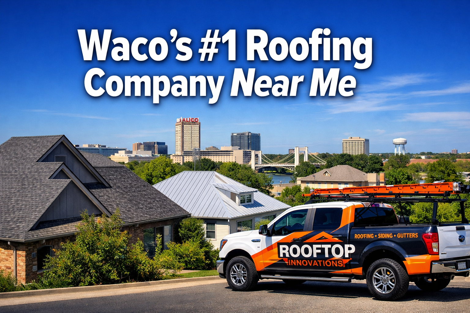 Professional landscape hero image (1536x1024) featuring bold text overlay 'Waco's #1 Roofing Company Near Me' in extra large 72pt white sans