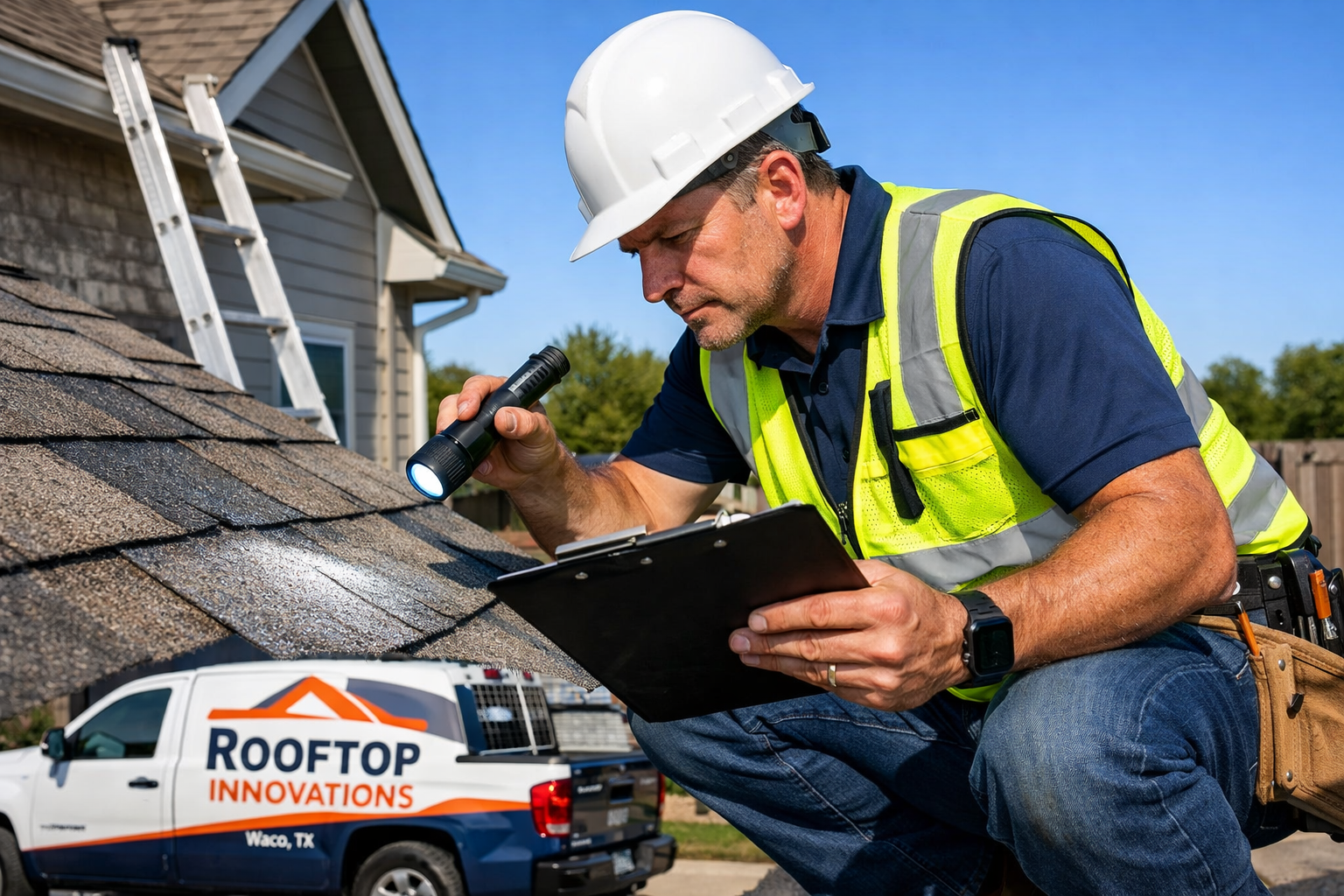 Professional roofing contractor in Waco Texas performing detailed roof inspection on residential home, wearing safety gear and hard hat, hol
