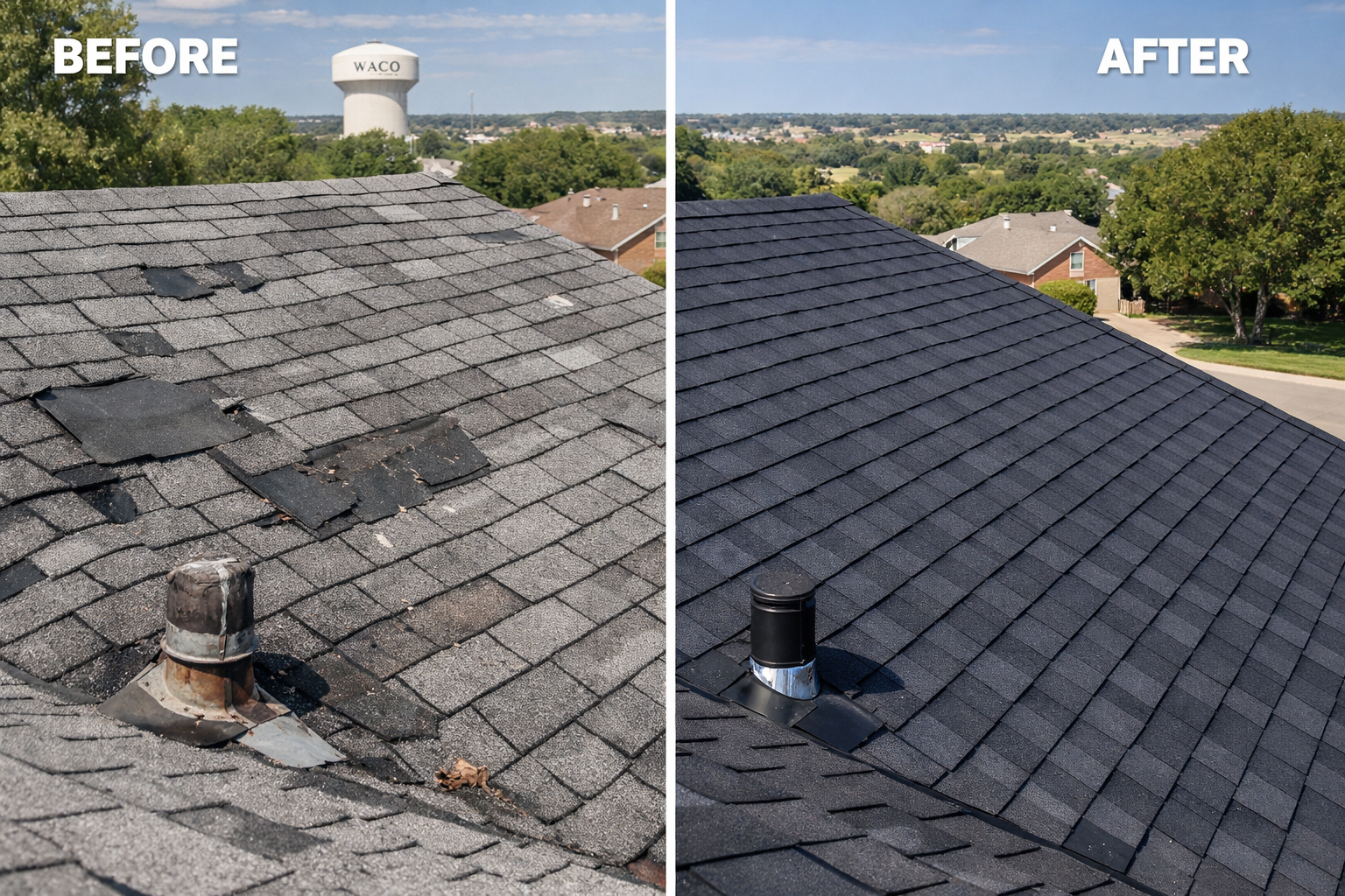 Split-screen comparison showing residential roof replacement before and after in Waco neighborhood, left side showing damaged weathered asph