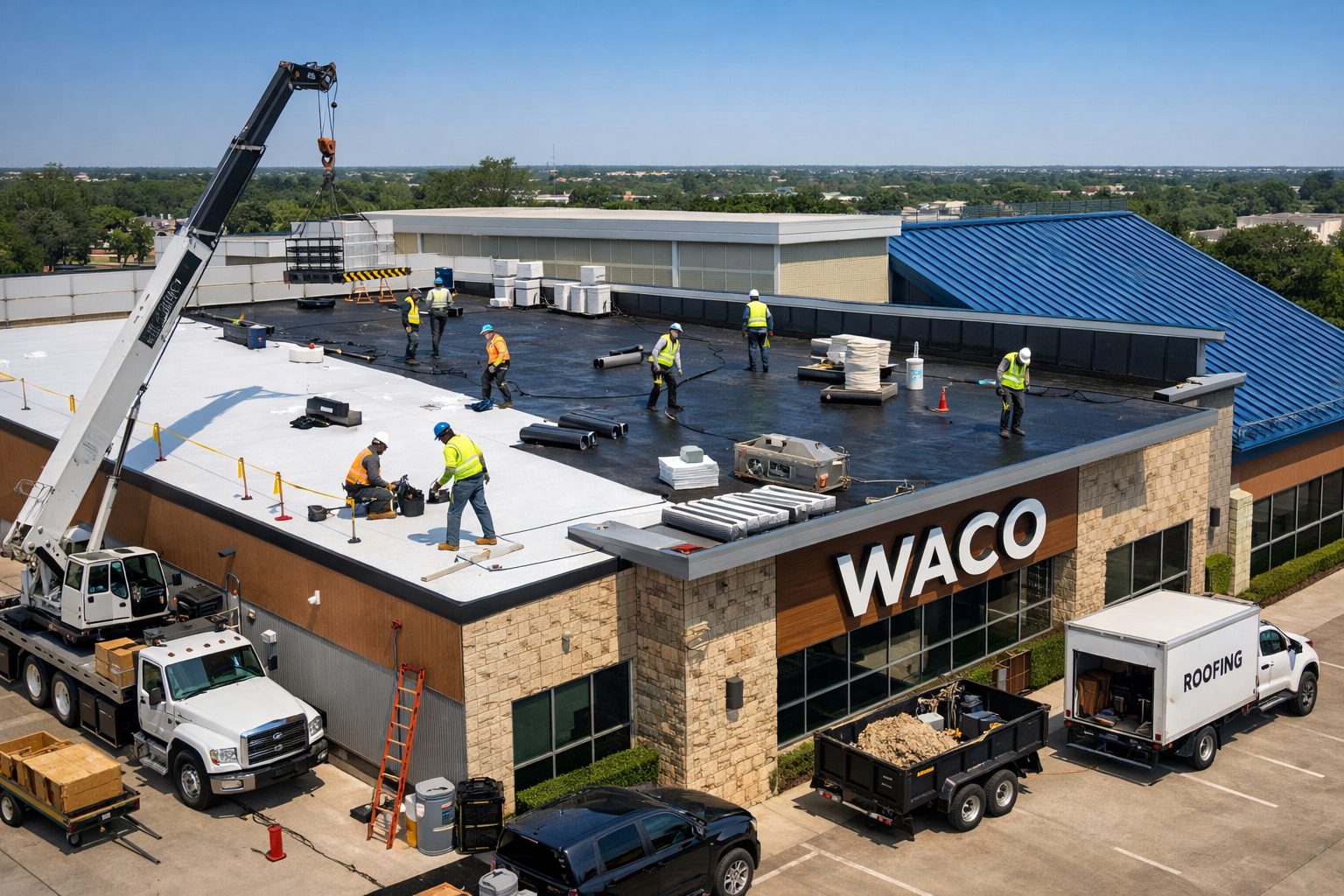 Modern commercial building in Waco Texas showcasing various commercial roofing systems including single-ply membrane, modified bitumen, and 