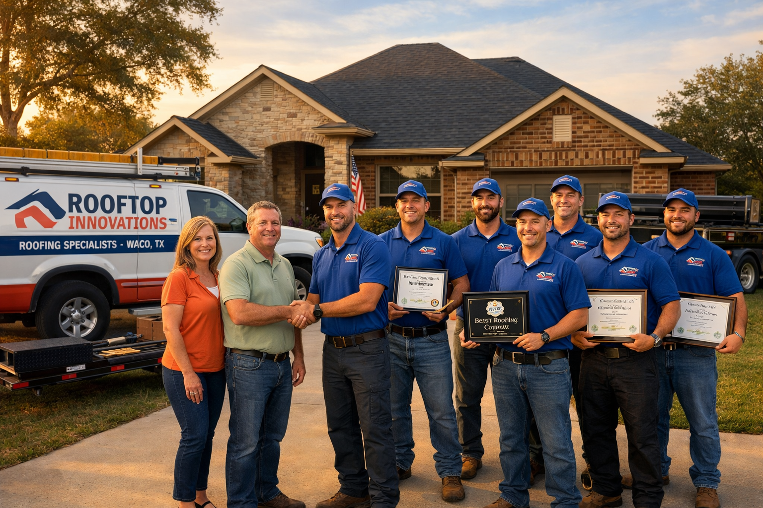 Rooftop Innovations team of professional roofers in matching uniforms standing proudly in front of completed residential roofing project in 