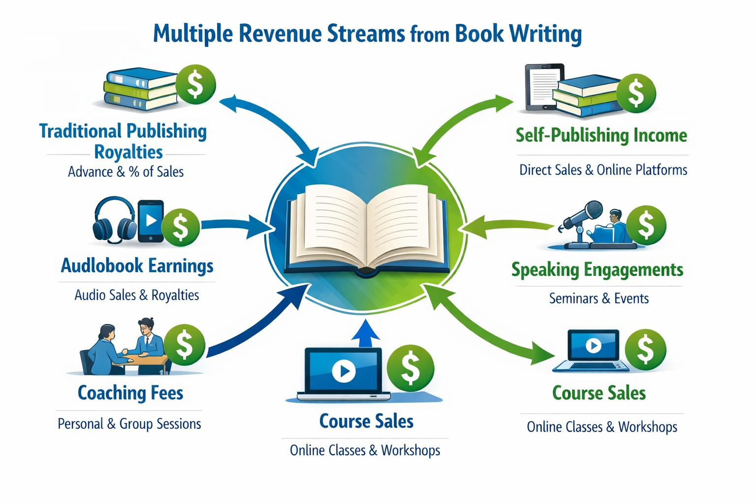 () detailed infographic showing multiple revenue streams from book writing: traditional publishing royalties,
