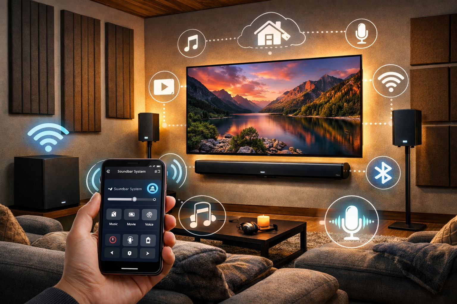 Premium Soundbars Over $500 in 2026 Detailed landscape format (1536x1024) lifestyle scene showing premium soundbar ecosystem in contemporary smart home theater room. Wall-mount