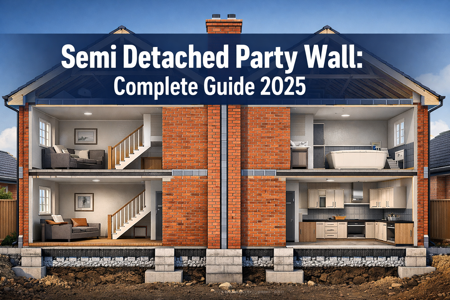 Professional landscape hero image (1536x1024) featuring bold text overlay 'Semi Detached Party Wall: Complete Guide 2025' in extra large 72p