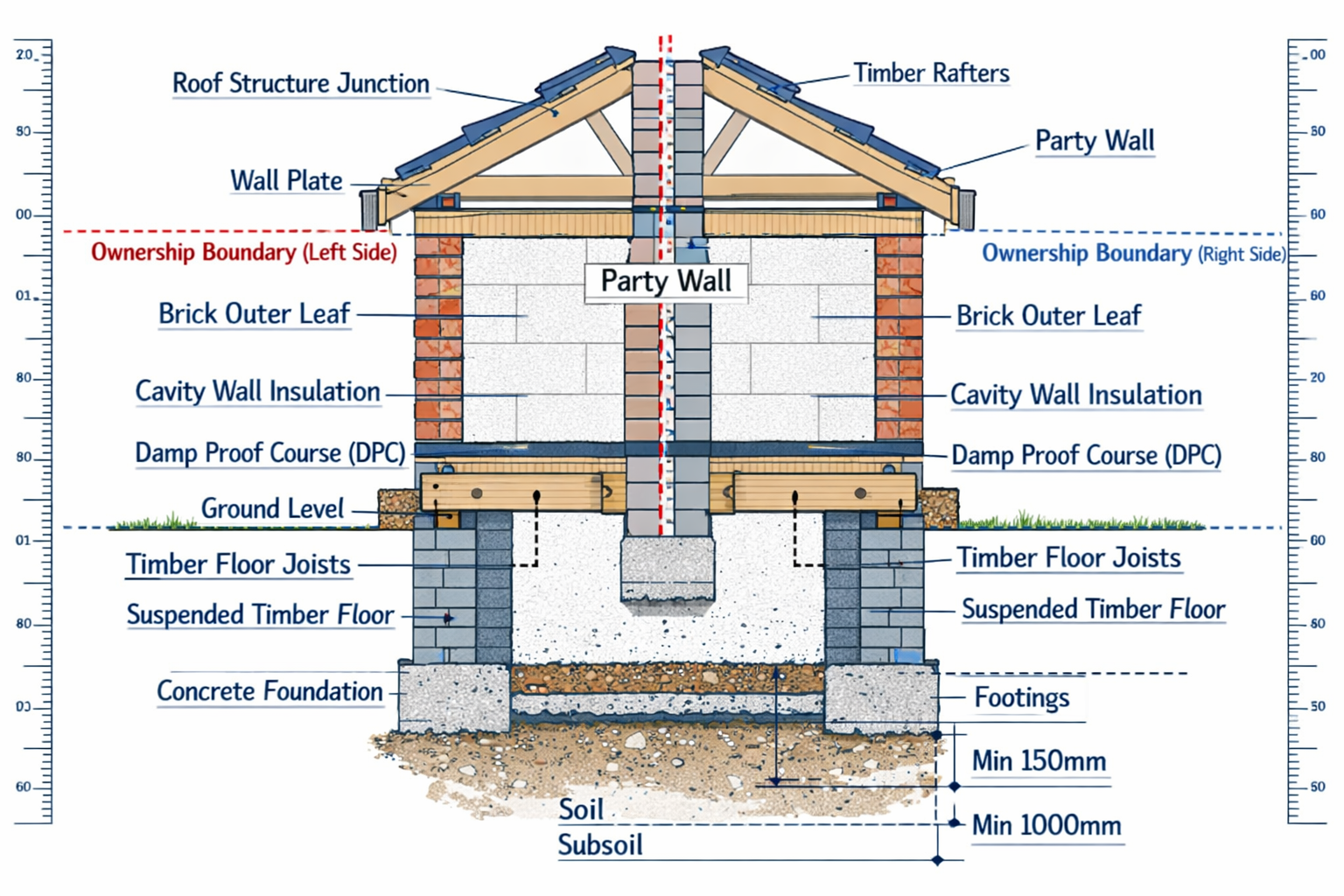 Detailed architectural diagram showing cross-section of semi detached party wall construction with labeled components including brick course