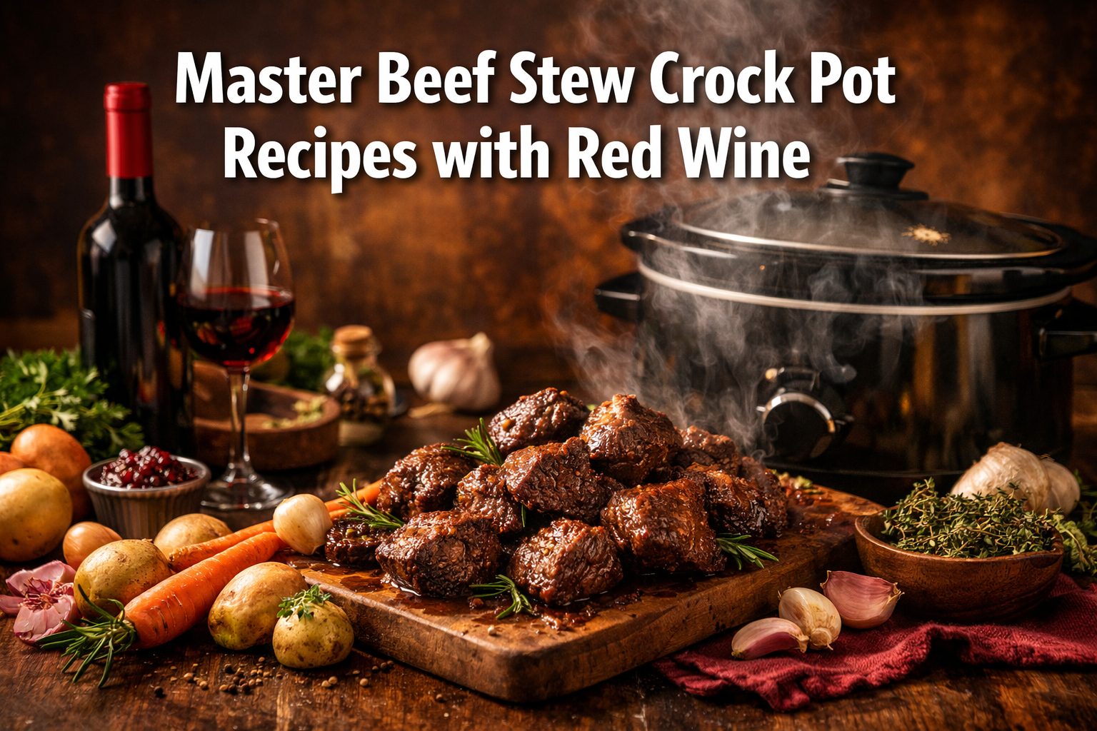 Professional landscape hero image (1536x1024) featuring bold text overlay 'Master Beef Stew Crock Pot Recipes with Red Wine' in extra large 