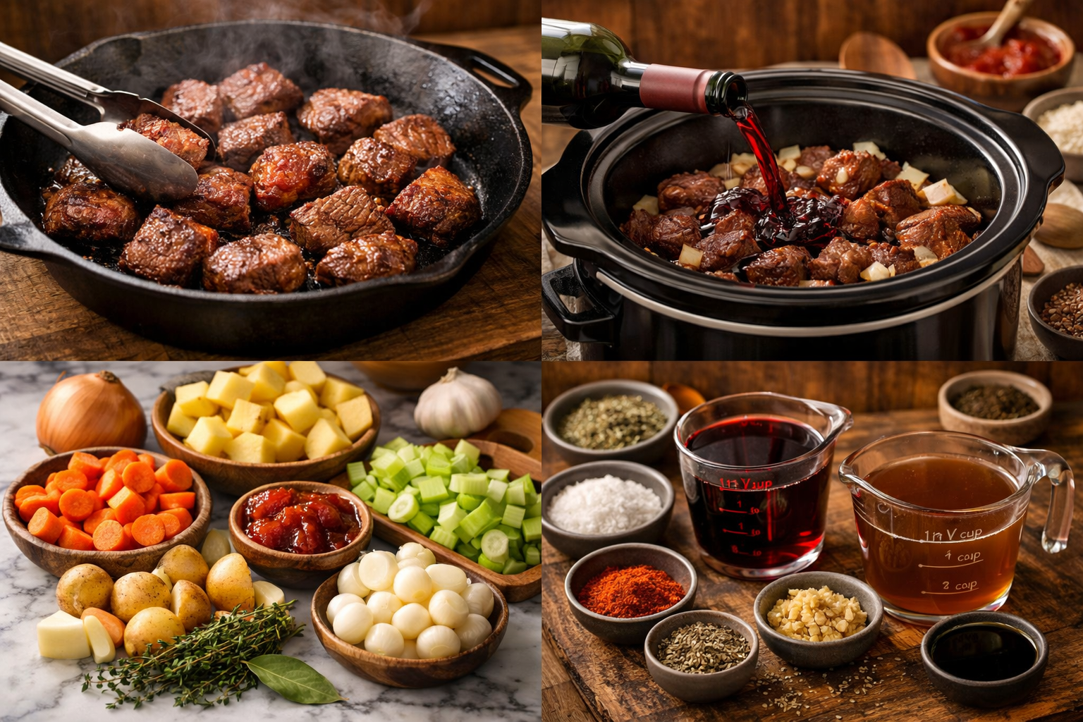 Professional food photography showing step-by-step beef stew preparation in slow cooker, raw beef chunks being seared in cast iron pan, red 