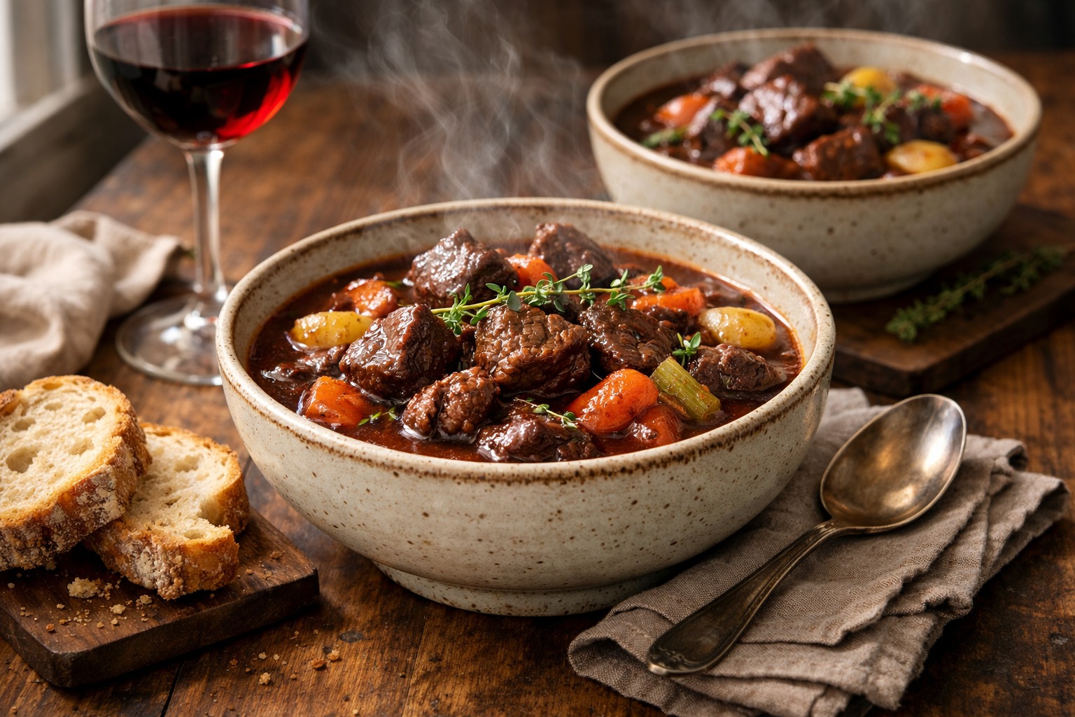 Elegant food styling shot of finished beef stew served in rustic ceramic bowls, tender meat chunks glistening with rich burgundy sauce, colo