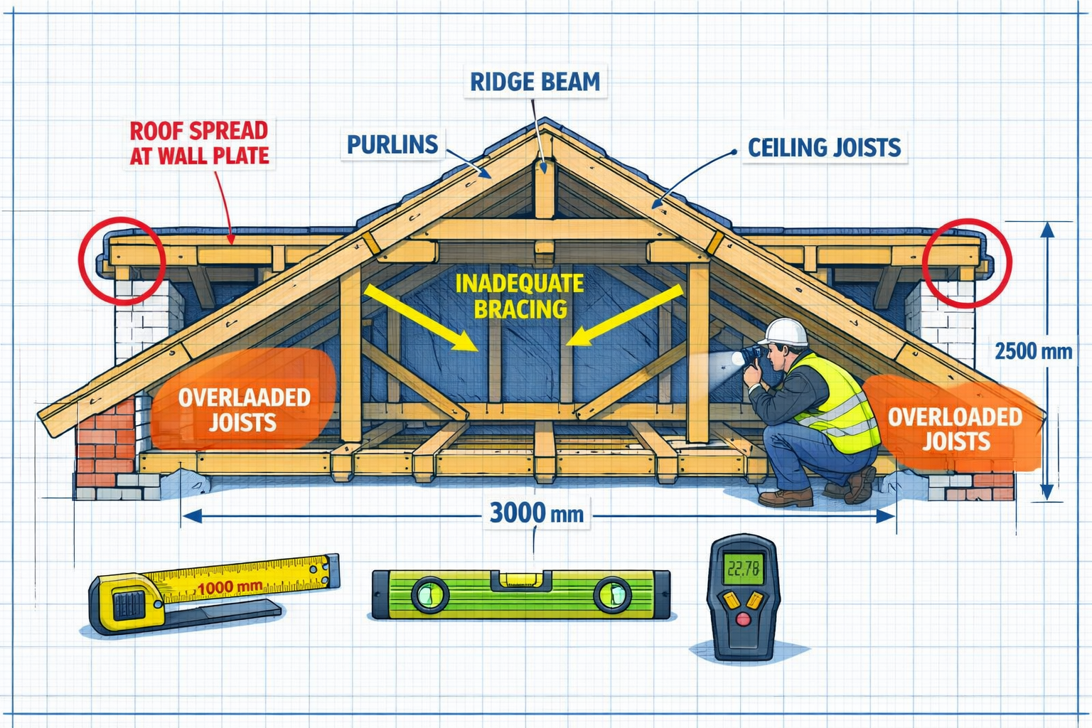 Detailed () technical illustration showing cutaway cross-section view of bungalow roof structure with visible timber