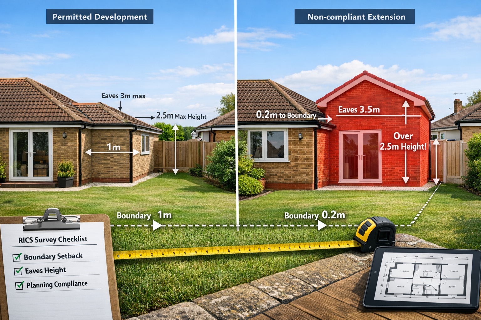 Wide-angle () photograph showing side-by-side comparison of two bungalow properties: left side displays permitted