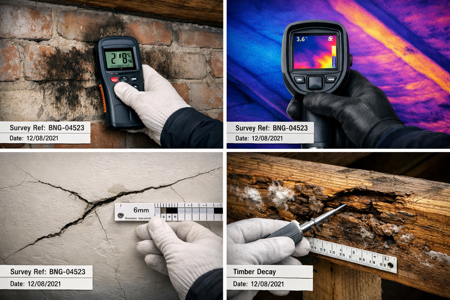 Close-up () detailed inspection photograph montage showing four quadrant panels of common bungalow conversion defects: