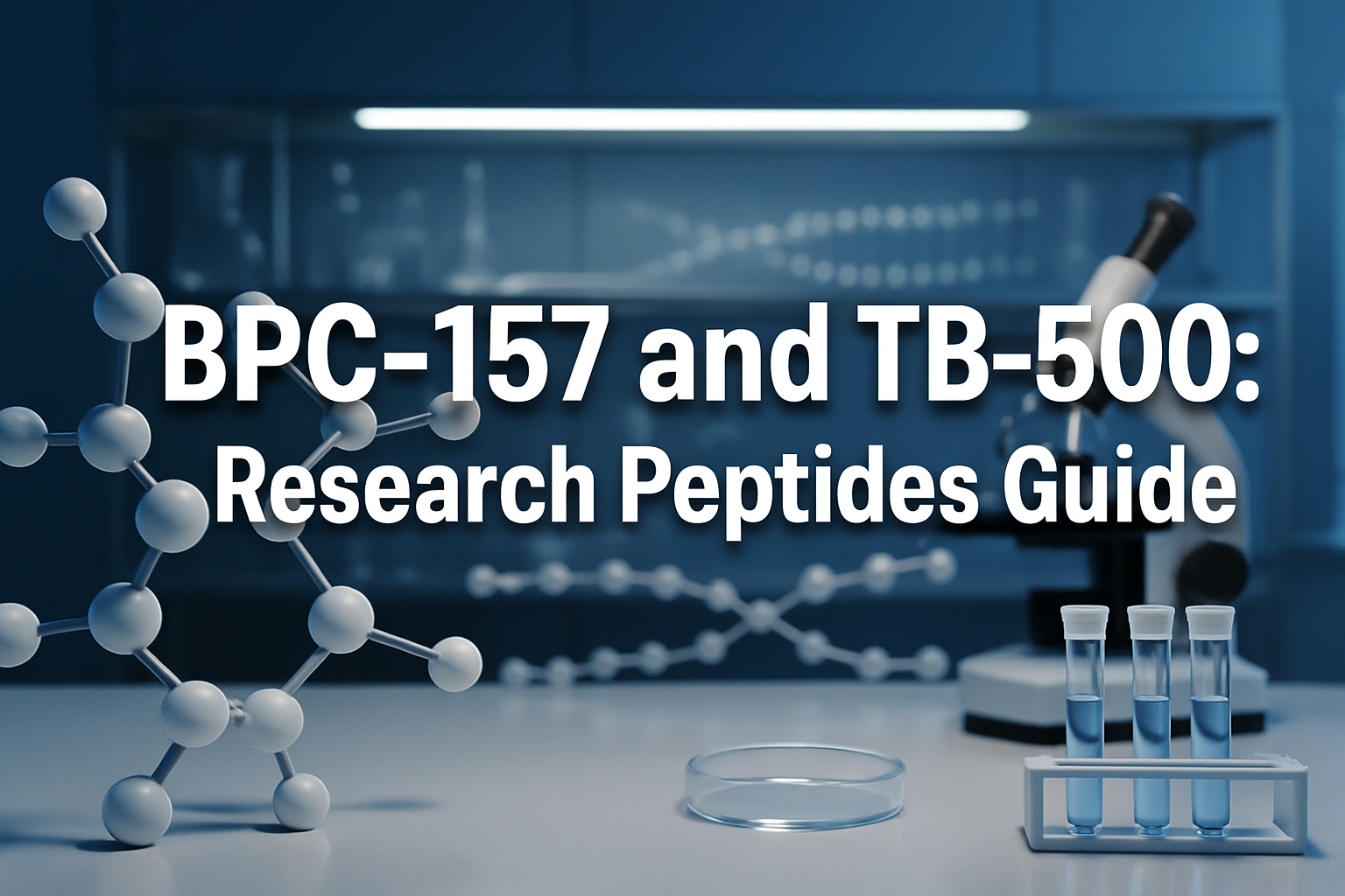 Professional landscape hero image (1536x1024) featuring bold text overlay 'BPC-157 and TB-500: Research Peptides Guide' in extra large 72pt 
