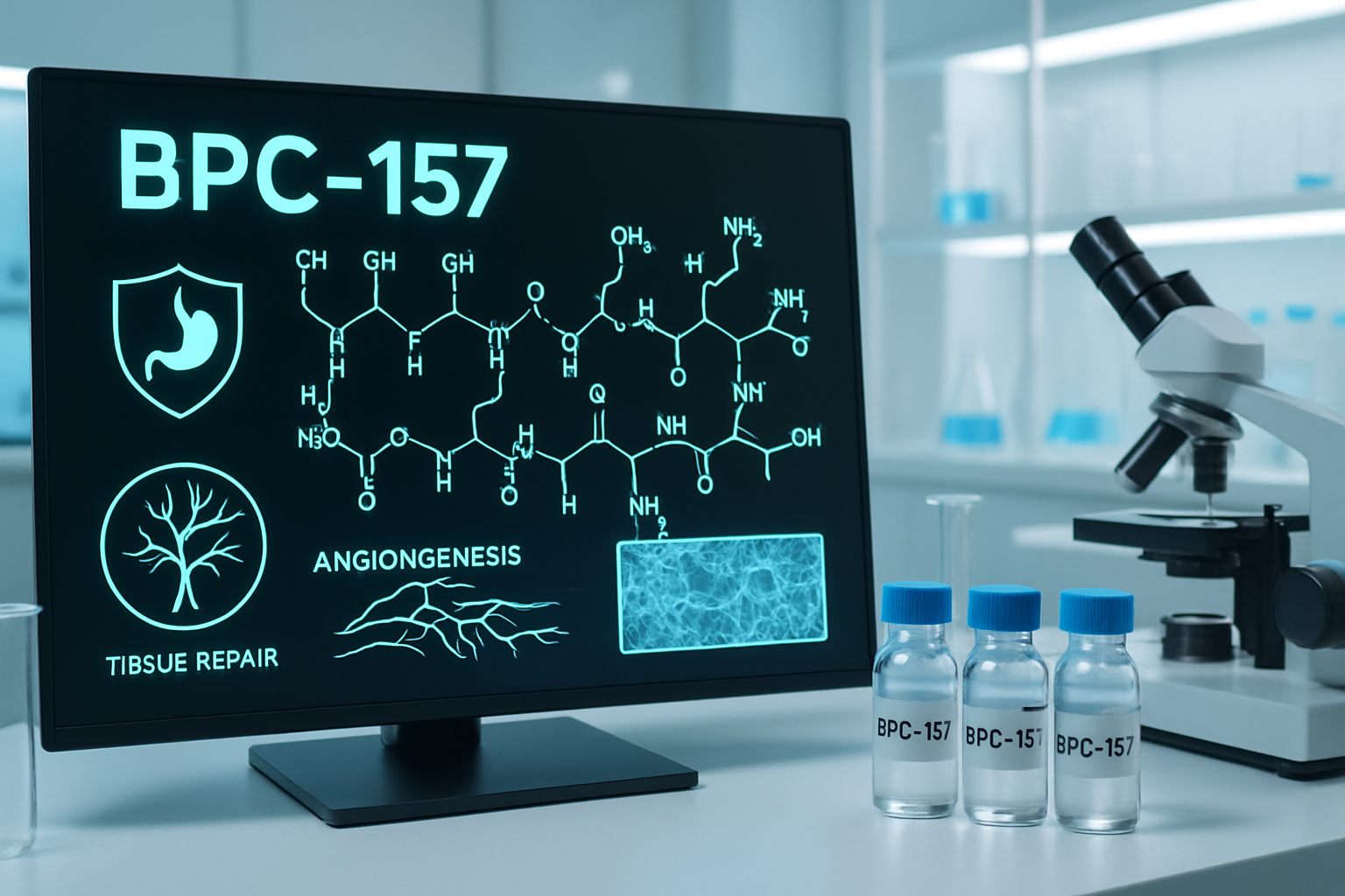 Scientific laboratory scene showing BPC-157 molecular structure diagram on digital screen with 15 amino acid chain visualization, gastric pr