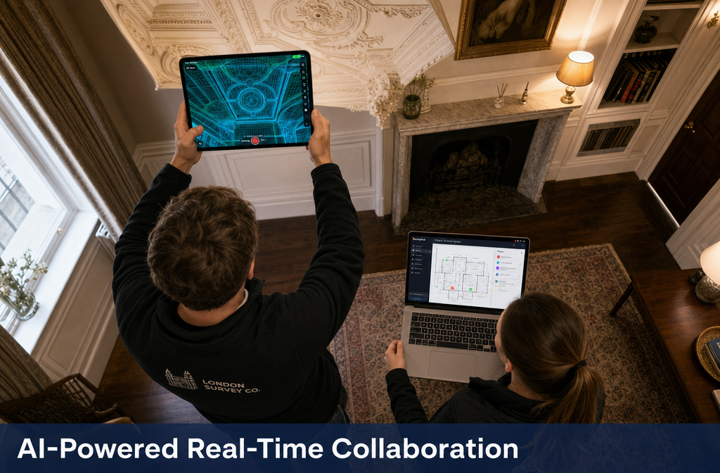 () overhead bird's-eye-view scene of a property survey team of two people standing inside a period London townhouse, one