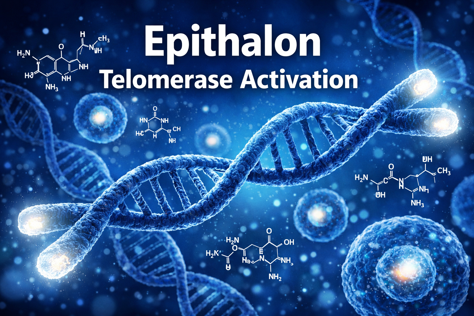 Professional landscape format (1536x1024) hero image featuring bold text overlay 'Epithalon Telomerase Activation' in extra large 72pt white