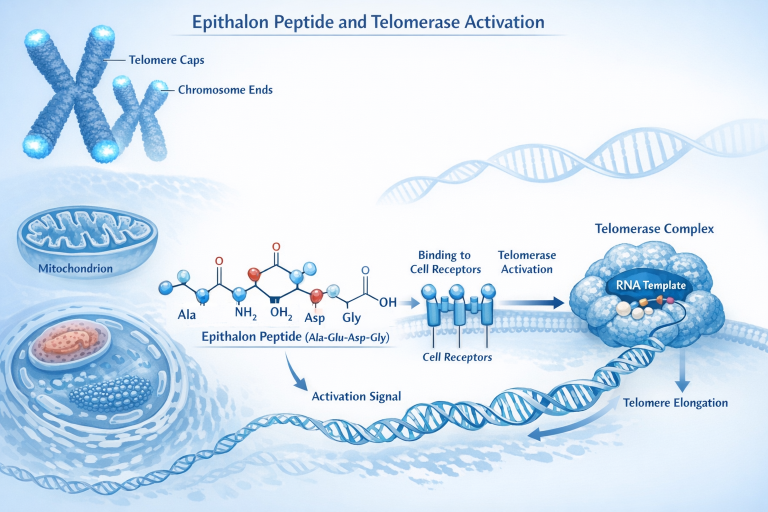 Detailed landscape format (1536x1024) scientific illustration showing telomerase enzyme complex in action, with detailed molecular structure