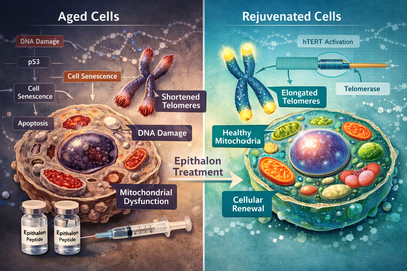 Detailed landscape format (1536x1024) image showing comparison split-screen of aged cells versus rejuvenated cells after Epithalon treatment