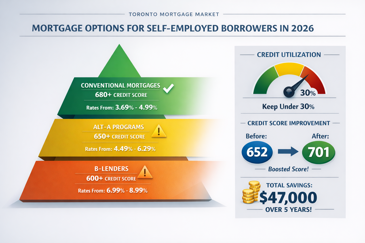 Landscape format (1536x1024) professional infographic displaying credit score tiers and mortgage options for self-employed borrowers in 2026