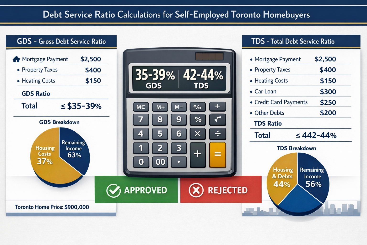 Landscape format (1536x1024) detailed visual guide showing debt service ratio calculations for self-employed Toronto homebuyers. Split-scree