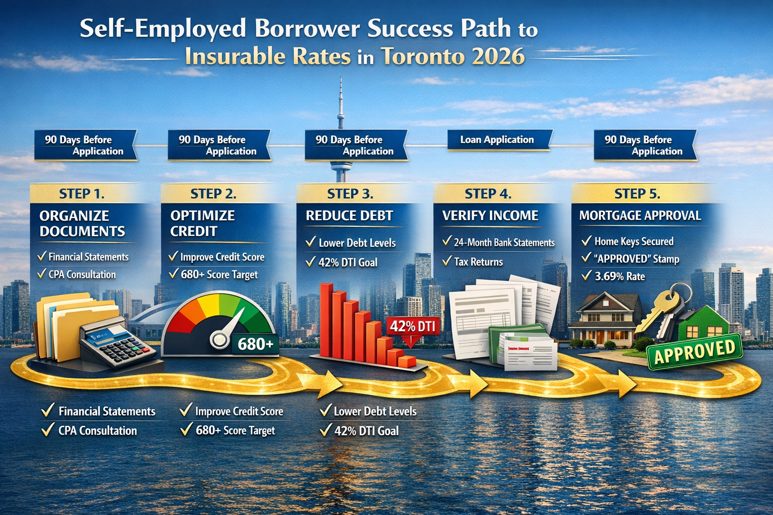Landscape format (1536x1024) actionable roadmap infographic titled 'Self-Employed Borrower Success Path to Insurable Rates in Toronto 2026'.