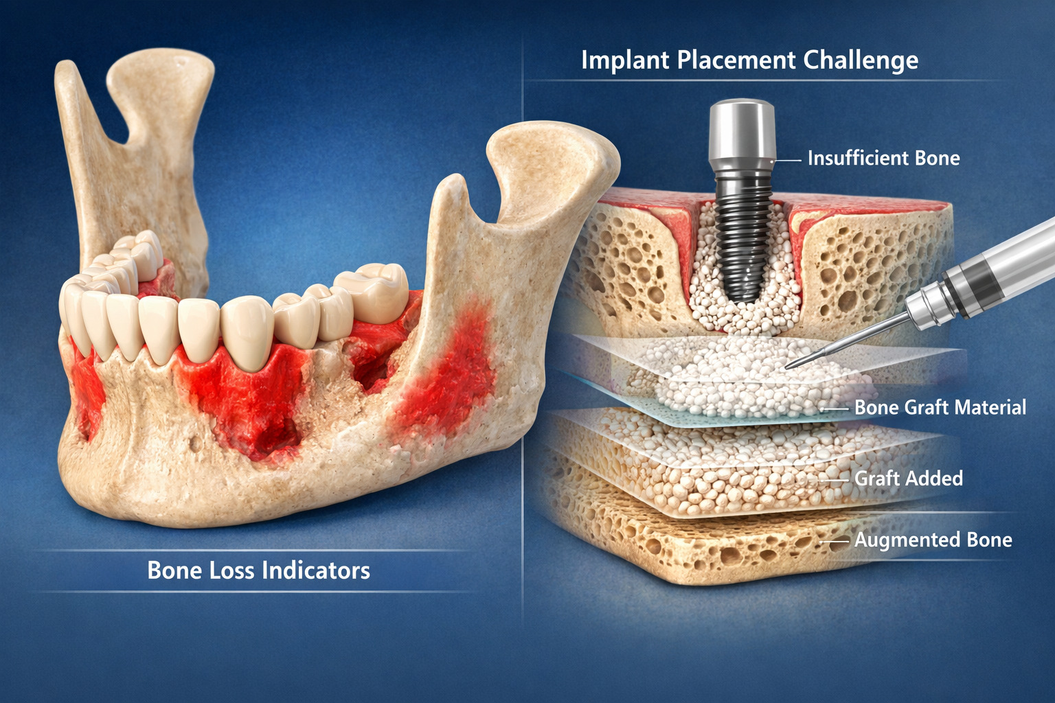 () image illustrating a detailed 3D rendering of a human jawbone with areas of bone loss highlighted in red, alongside a