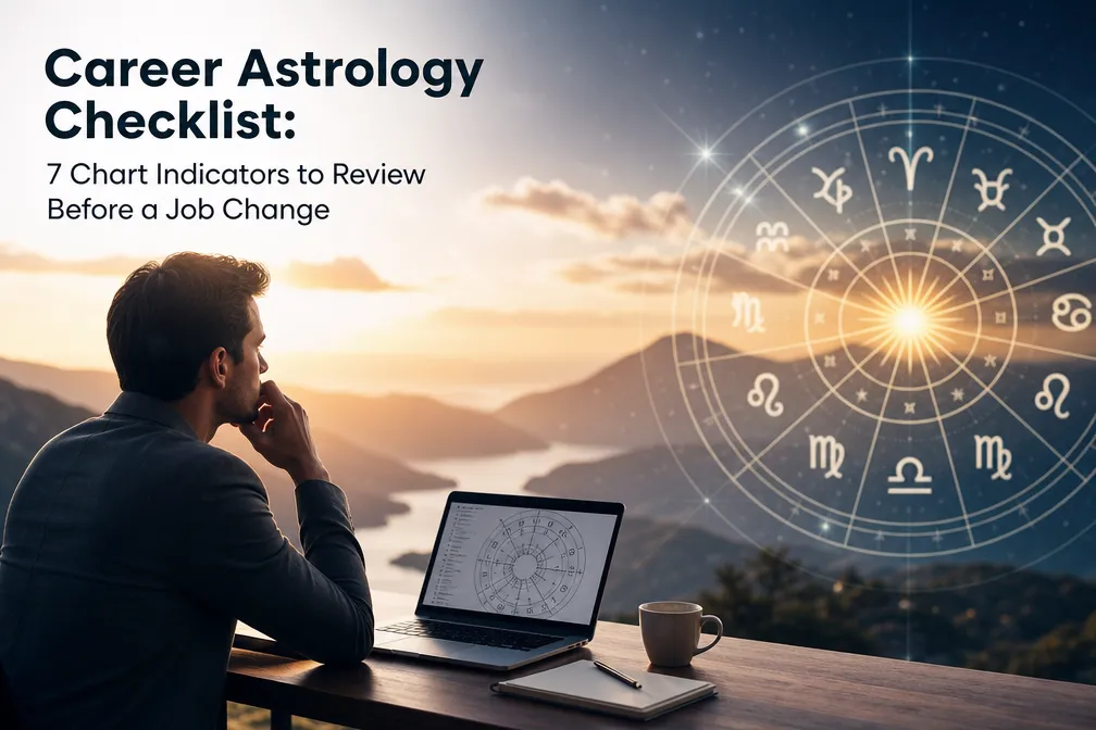 Professional landscape hero image (). Modern design, , , aesthetic. Background imagery relevant to: Career Astrology