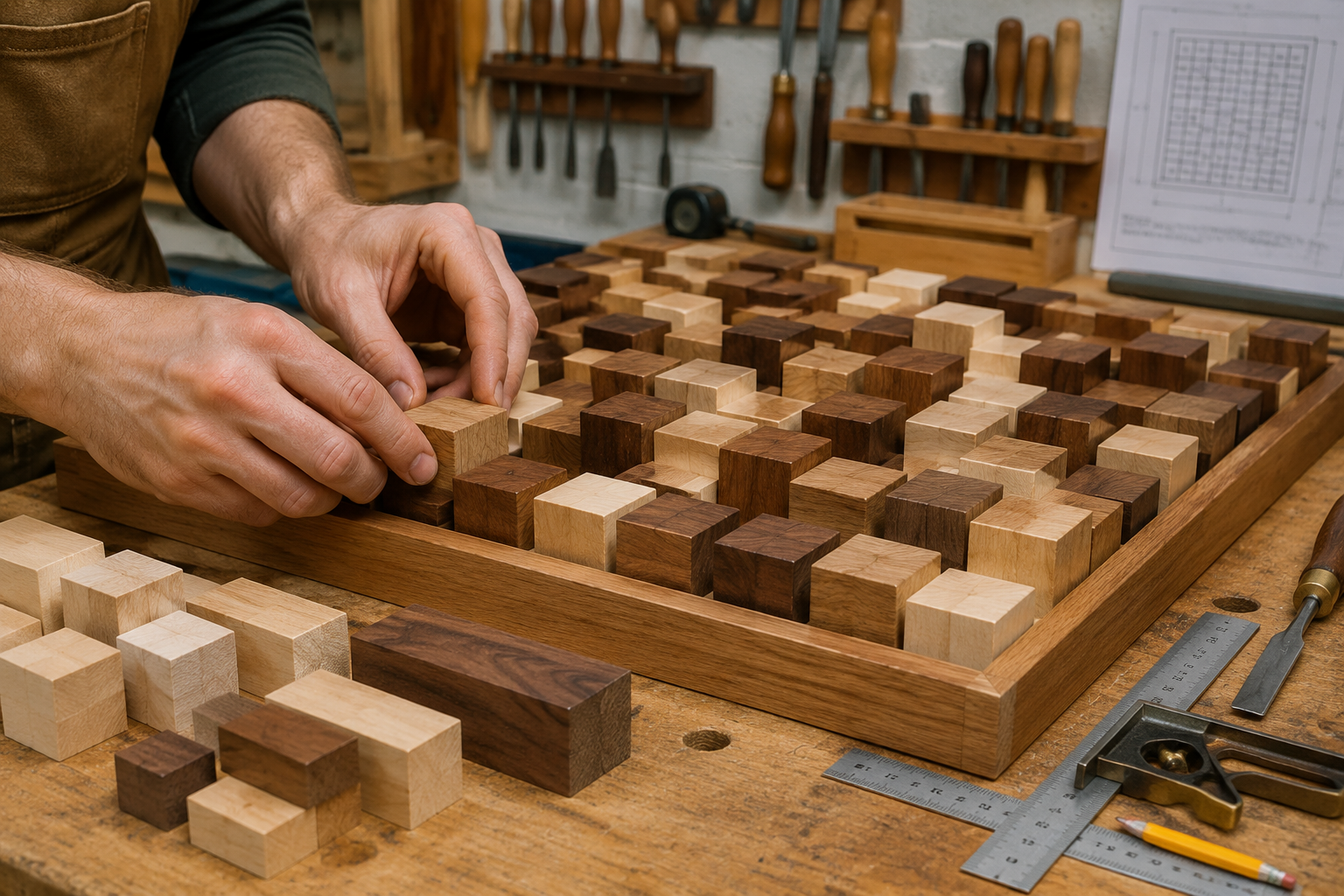 Detailed () image showing a close-up of a DIY wooden Quadratic Residue Diffuser (QRD) in progress. A woodworker's hands are