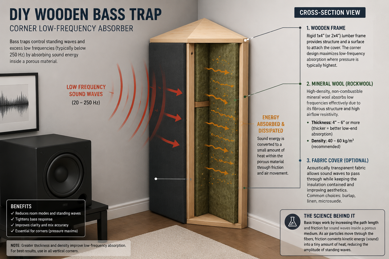 Detailed () image illustrating a cross-section diagram of a wooden bass trap integrated into a corner of a room. The diagram