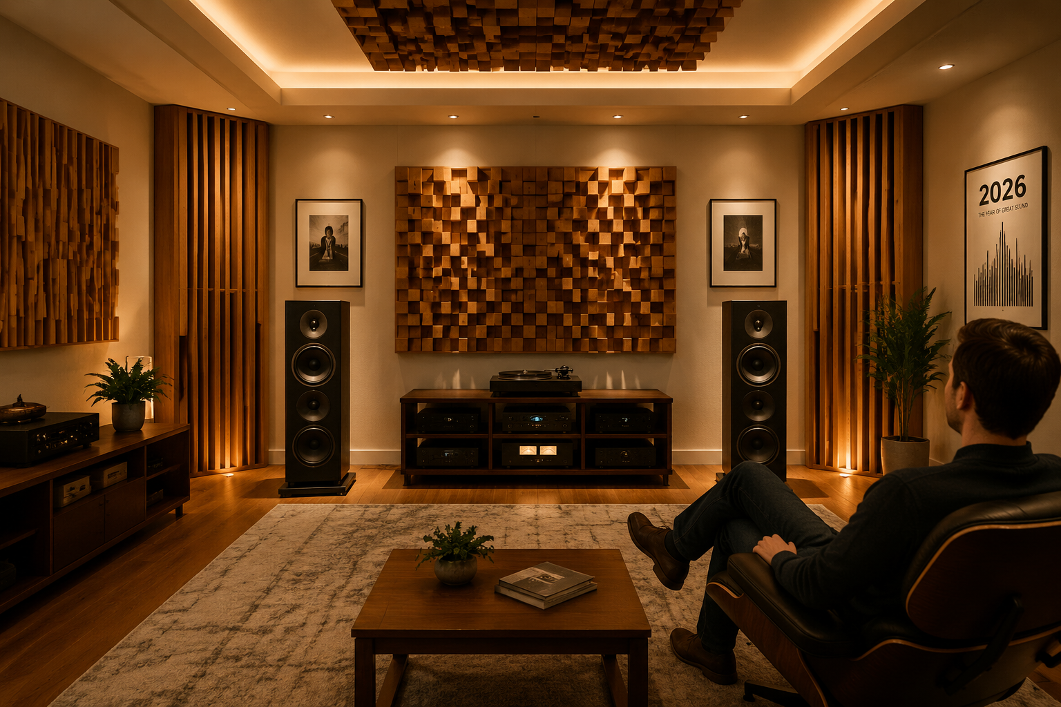 Detailed () image depicting a finished home audio setup where aesthetically pleasing wooden acoustic diffusers and bass