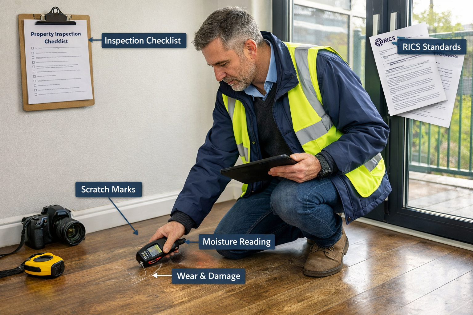 Detailed () image showing professional surveyor conducting interior property inspection in modern UK rental flat, focusing