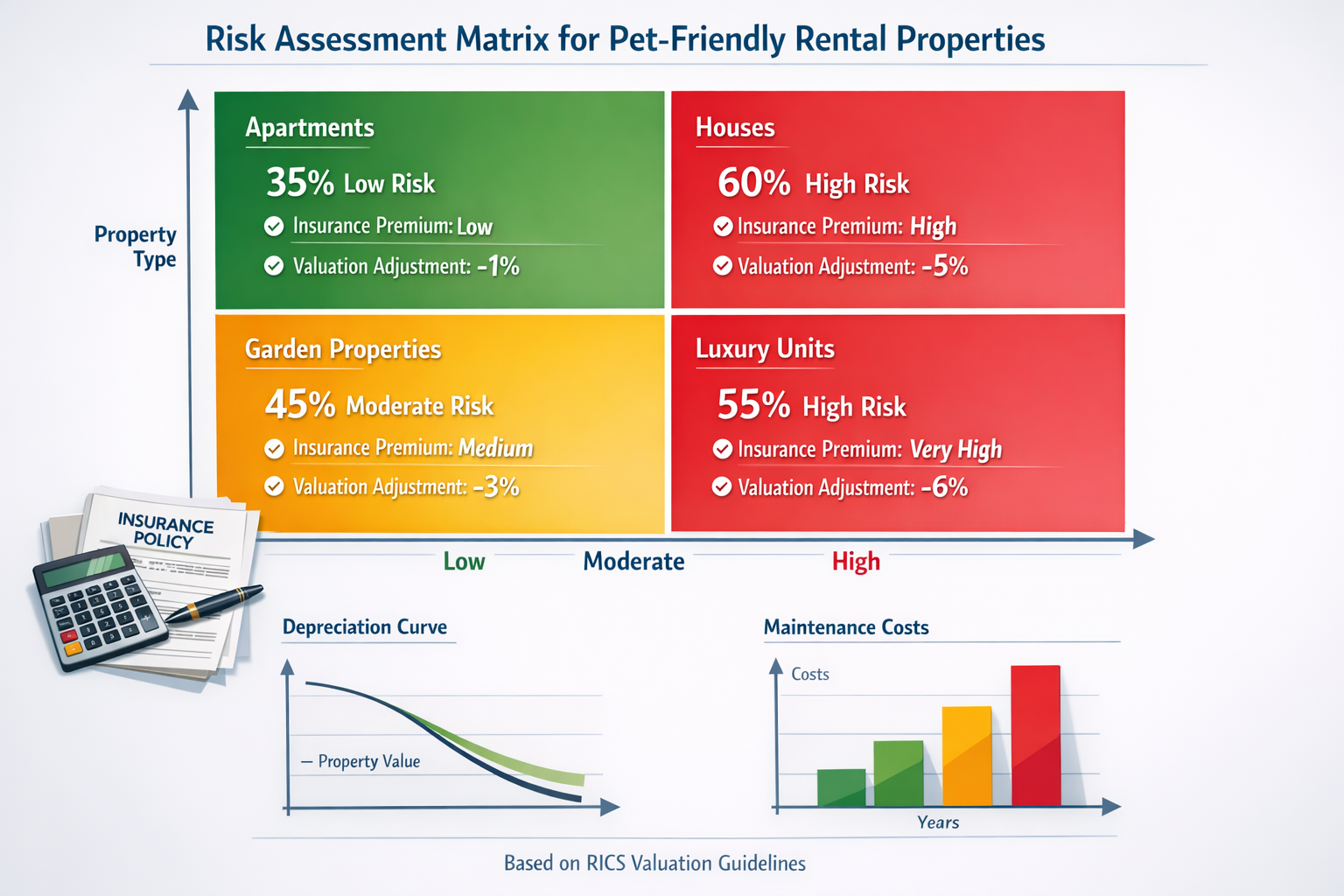 Comprehensive () infographic-style image displaying risk assessment matrix for pet-friendly rental properties. Visual shows