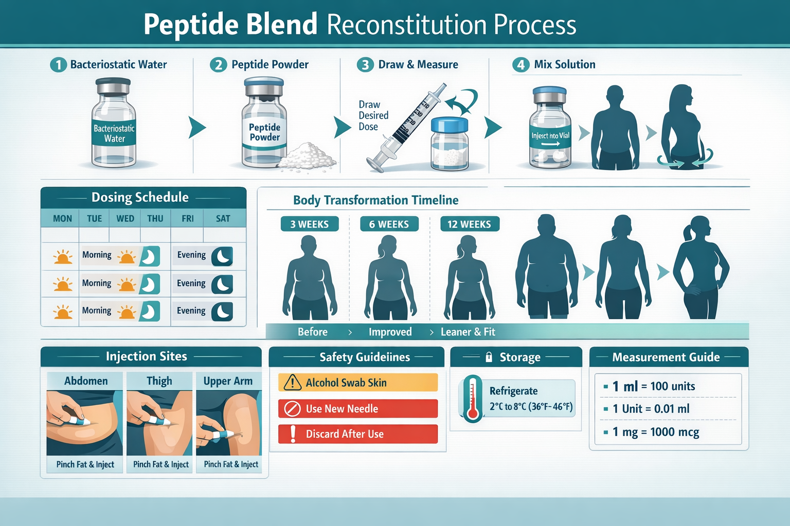 Professional infographic layout (1536x1024) displaying peptide blend reconstitution process with step-by-step visual guide: bacteriostatic w