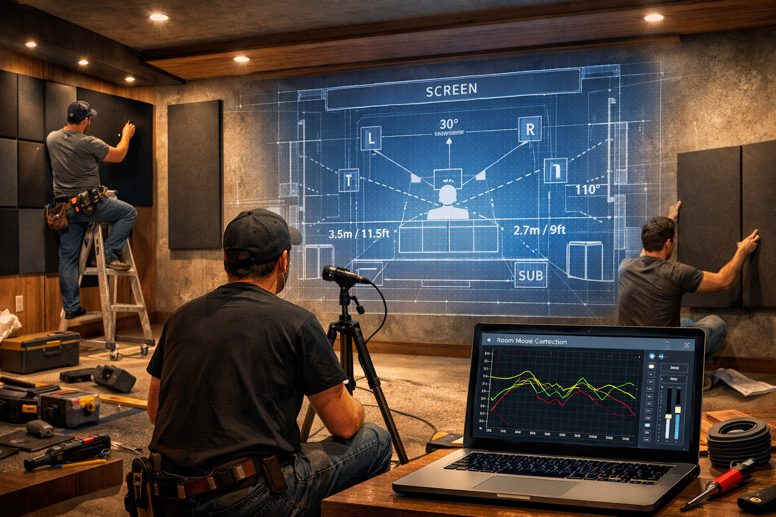 Digital illustration, graphic design style, Landscape format (1536x1024) showing a professional custom home theater installation in progress: acoustic treatment panels being mounted on walls, speaker placement diagram overlaid on room blueprint, a technician using calibration microphone on tripod in center listening position, laptop showing room mode correction software curves on screen. Warm ambient lighting, professional tools visible, realistic residential cinema room with concrete and wood finishes, depth-of-field focus on calibration equipment.
