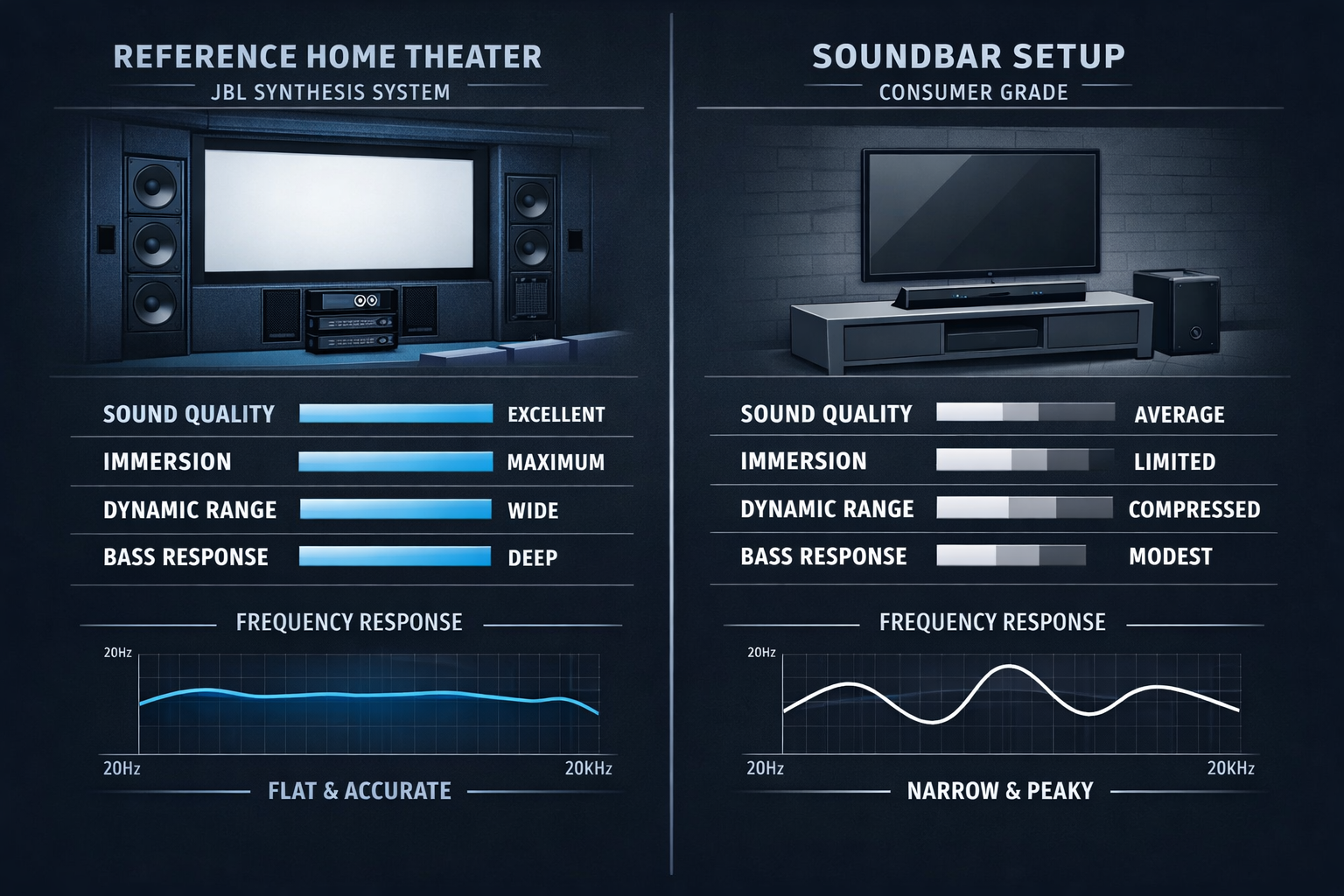 Digital illustration, graphic design style, Landscape format (1536x1024) showing a side-by-side cost-benefit comparison visual: left side depicts a professional JBL Synthesis reference home theater with in-wall speakers and dedicated AV processor, right side shows a consumer-grade soundbar setup. Split-screen composition with performance metric bars and frequency response graphs overlaid, clean modern infographic style, dark background with blue and white data visualization elements, professional audio engineering context.