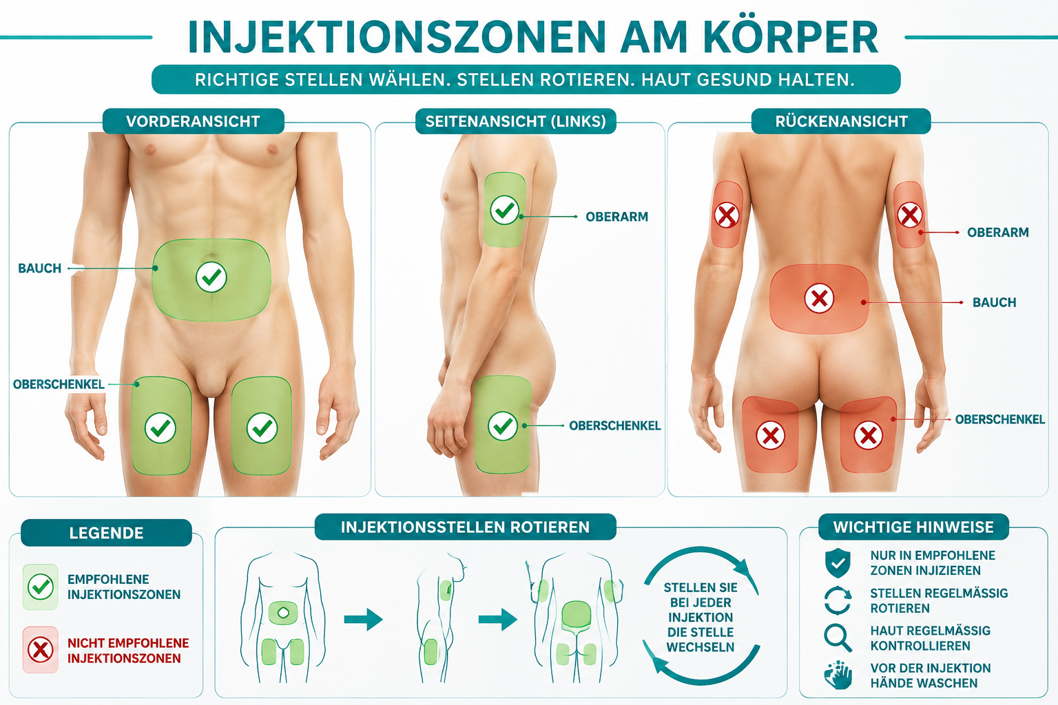 Mounjaro Pen Anleitung: Schritt für Schritt richtig spritzen () showing a close-up overhead view of three human body silhouettes with highlighted injection zones marked in German: