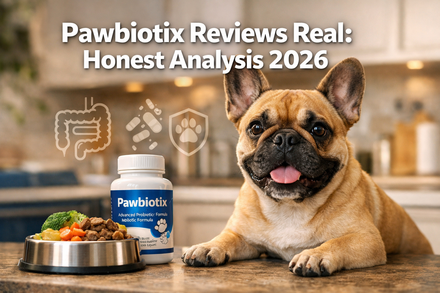 Professional landscape format (1536x1024) hero image featuring bold text overlay 'Pawbiotix Reviews Real: Honest Analysis 2026' in extra lar
