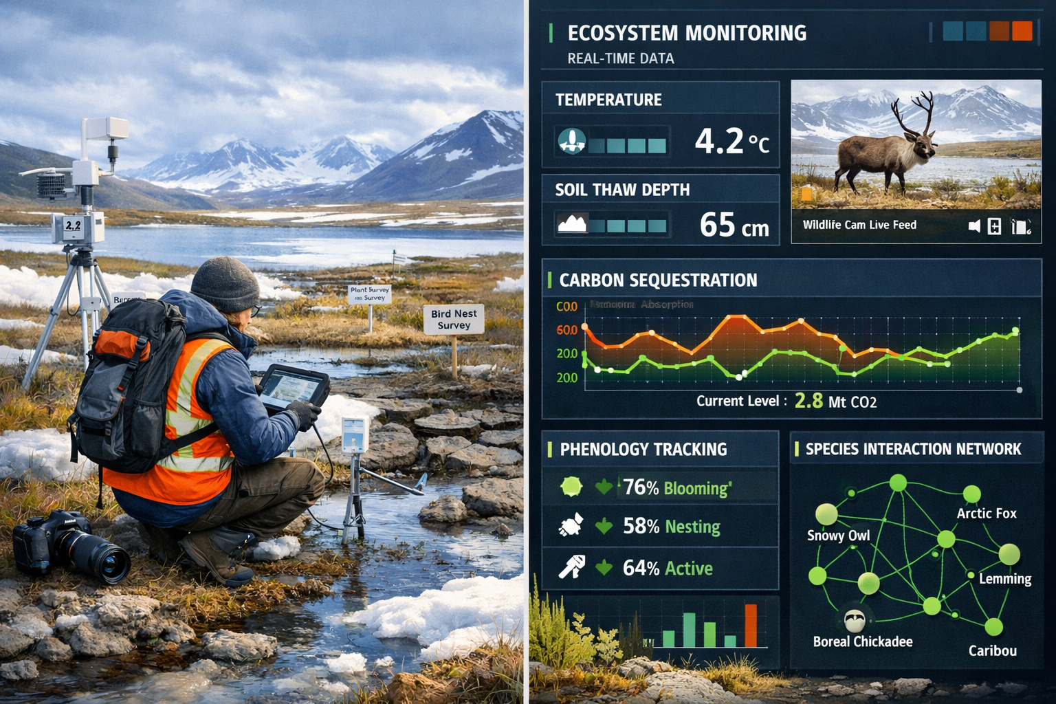 Detailed () illustration showing biodiversity surveyor in high-visibility vest using advanced monitoring equipment in Arctic