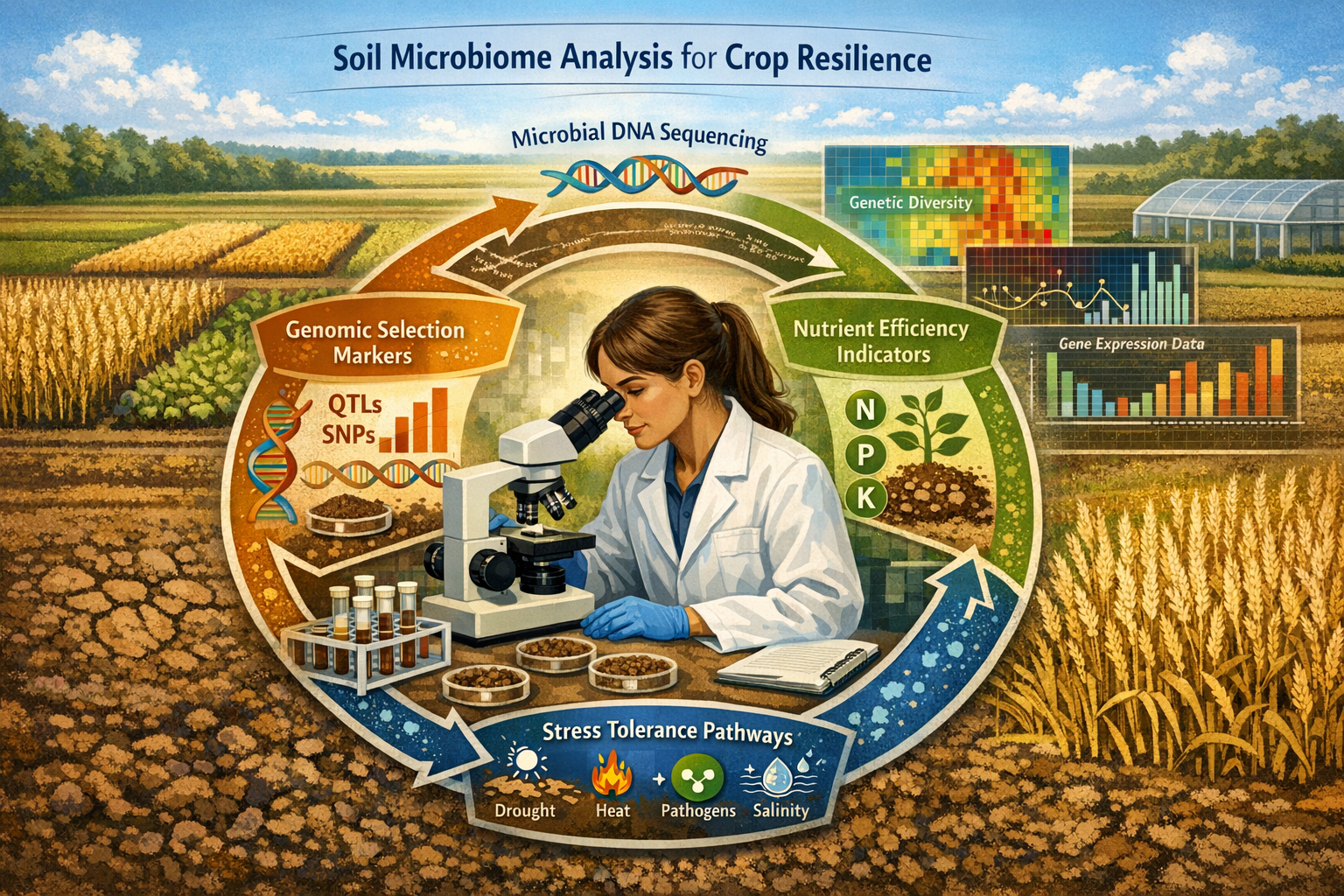 Detailed () infographic-style image depicting soil microbiome analysis workflow for crop resilience assessment. Central