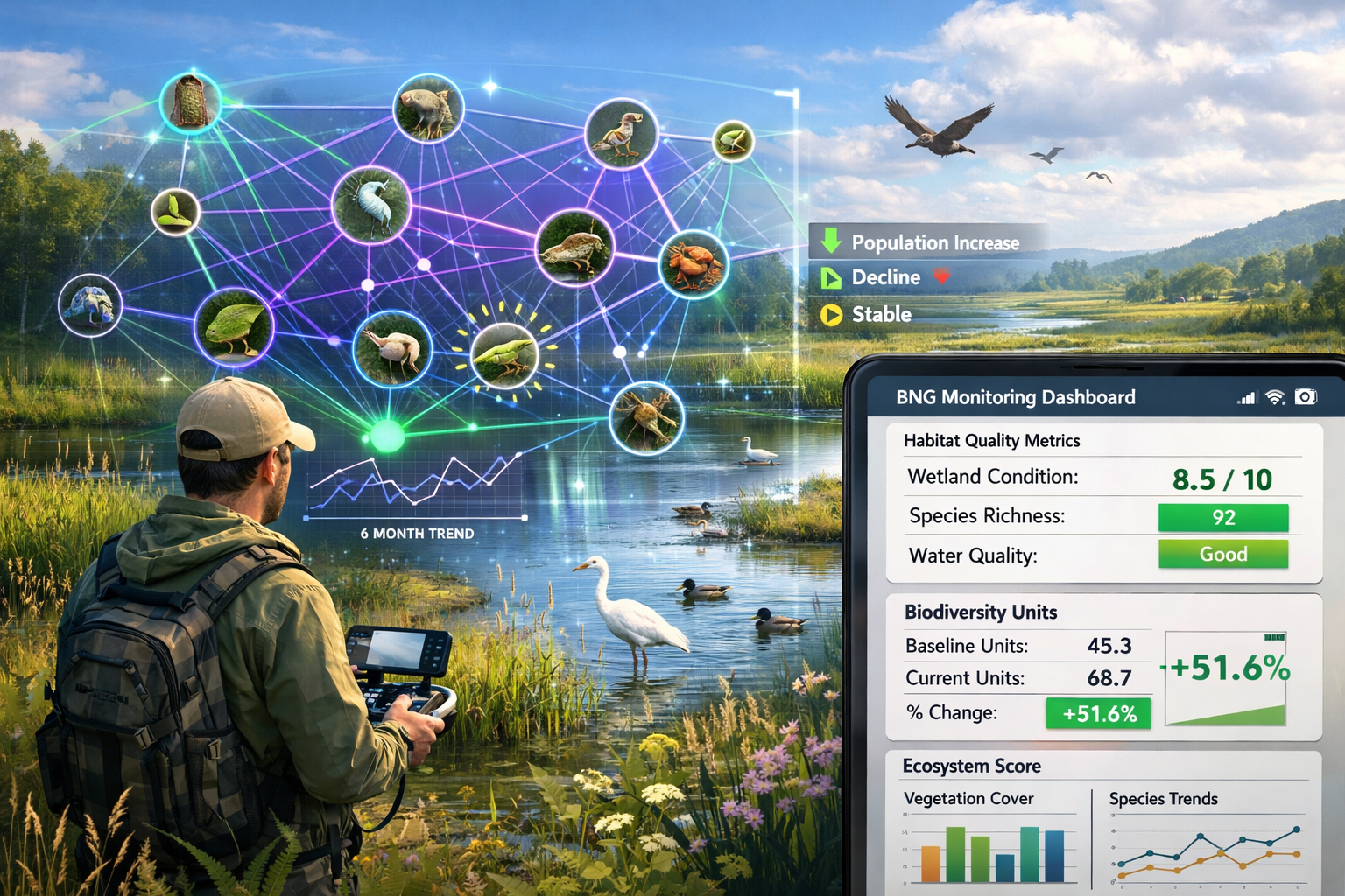 Detailed () conceptual illustration of ecosystem restoration monitoring using network analysis methods. Foreground shows