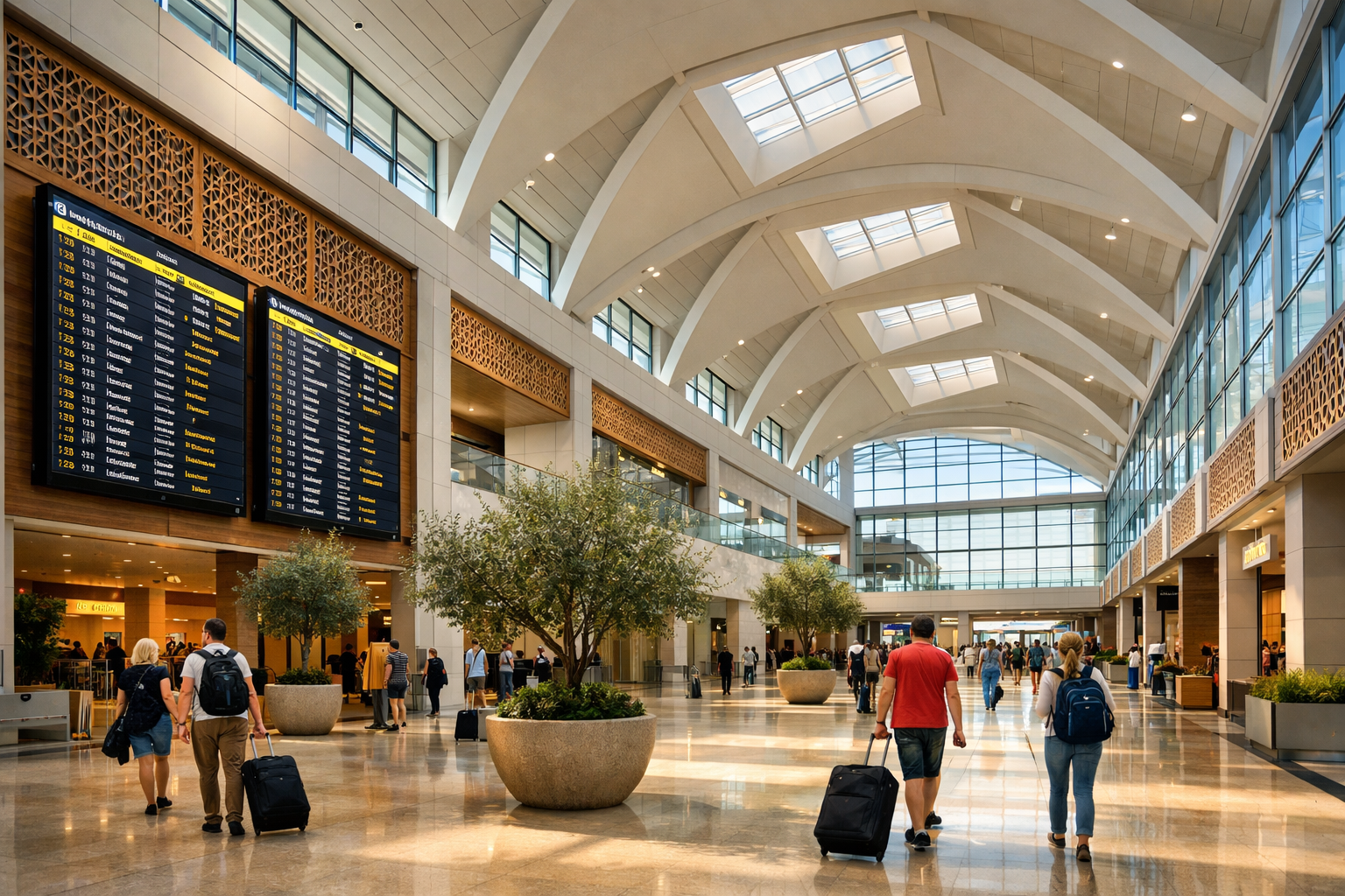() editorial photograph showing the modern interior of Antalya Airport's gleaming new international terminal with high