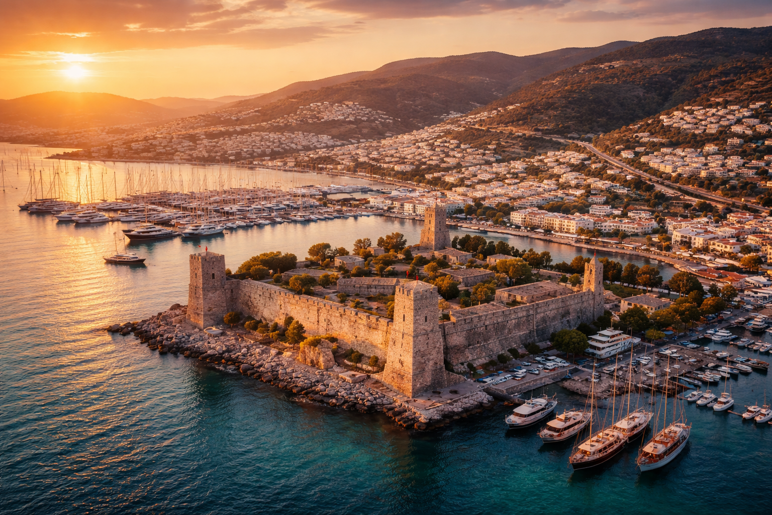 () aerial drone-style photograph of Bodrum peninsula at sunset showing the famous castle of St. Peter in foreground, marina