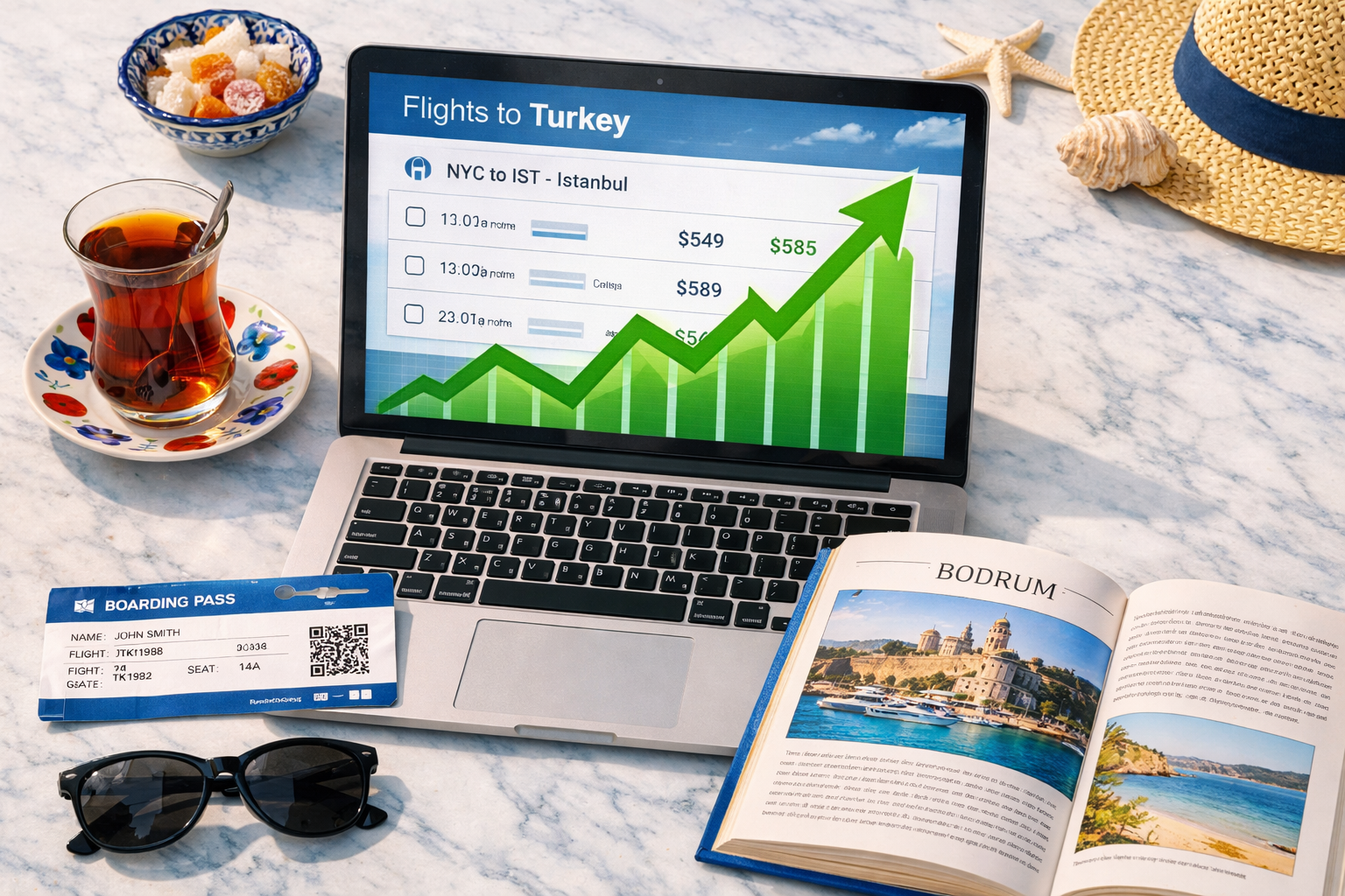 () conceptual editorial image showing a vibrant travel booking scene: a laptop screen displaying flight search results to