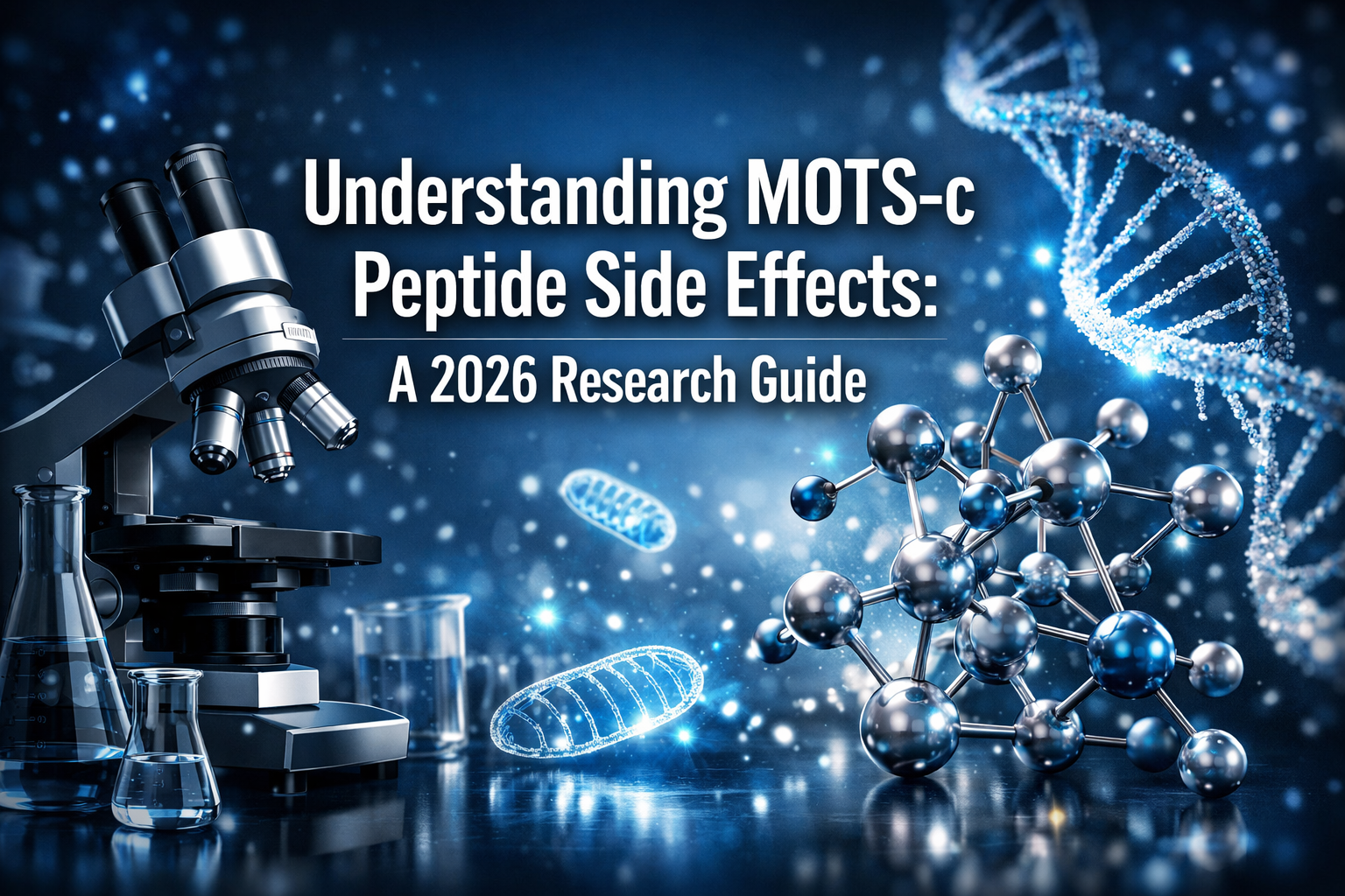 Professional landscape hero image (1536x1024) with bold text overlay: 'Understanding MOTS-c Peptide Side Effects: A 2026 Research Guide', mo