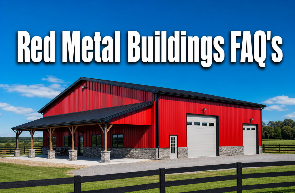 Professional () hero image with : 'Red Metal Buildings FAQ's' in extra large white with dark drop , centered in upper third.