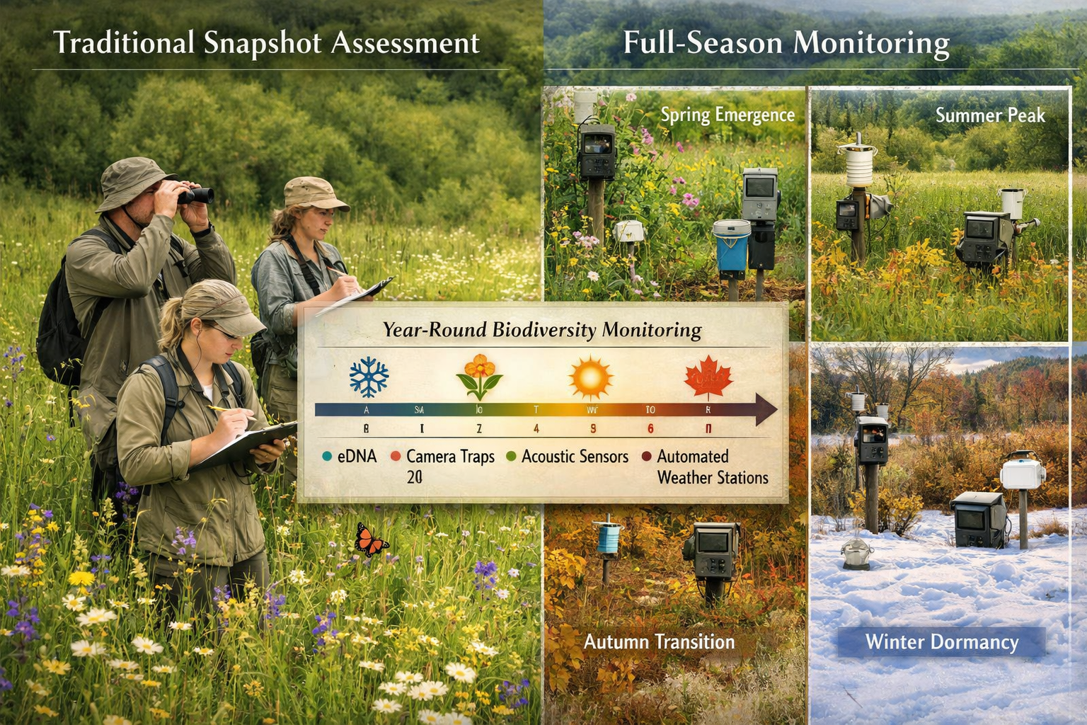 Detailed landscape format (1536x1024) editorial photograph showing comparison timeline of traditional snapshot biodiversity survey versus fu