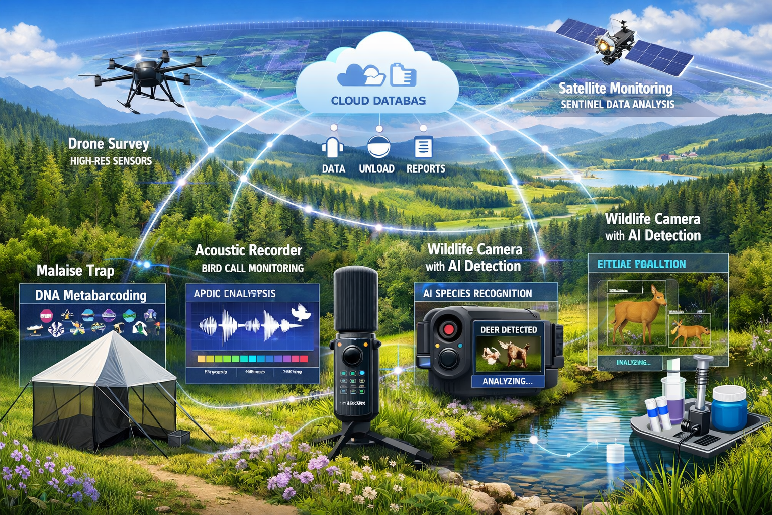 Detailed landscape format (1536x1024) technical illustration showcasing innovative monitoring technologies deployed across European landscap