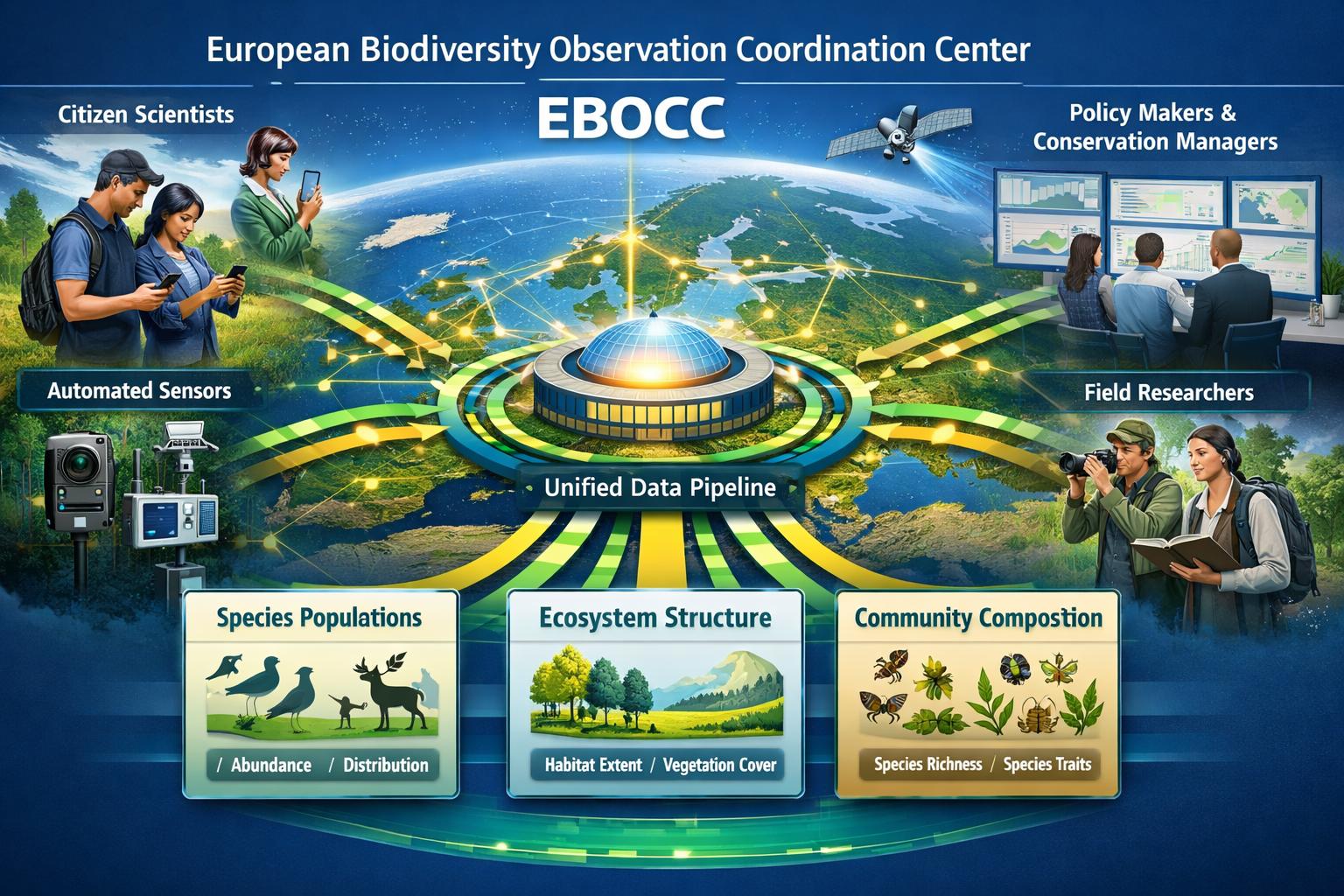 Detailed landscape format (1536x1024) conceptual illustration of European Biodiversity Observation Coordination Center (EBOCC) governance fr