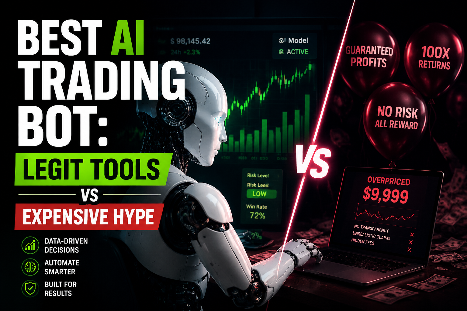 "Best AI Trading Bot: Legit Tools vs Expensive Hype". Modern design, , , aesthetic. Background imagery relevant to: Best AI
