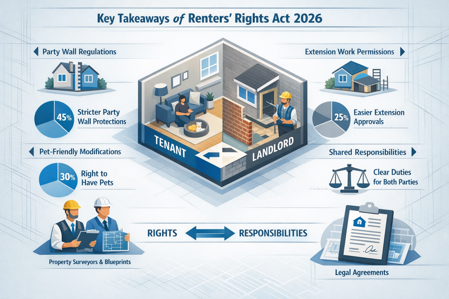 Infographic-style visual summarizing Key Takeaways of Renters' Rights Act 2026, featuring a central isometric illustration
